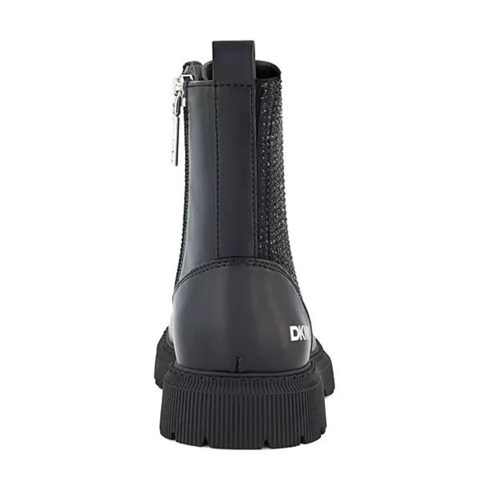 DKNY Kids Black Ava Menia Combat Boots Rhinestone Cuff Side Zip Lace Up Sz 2 NEW